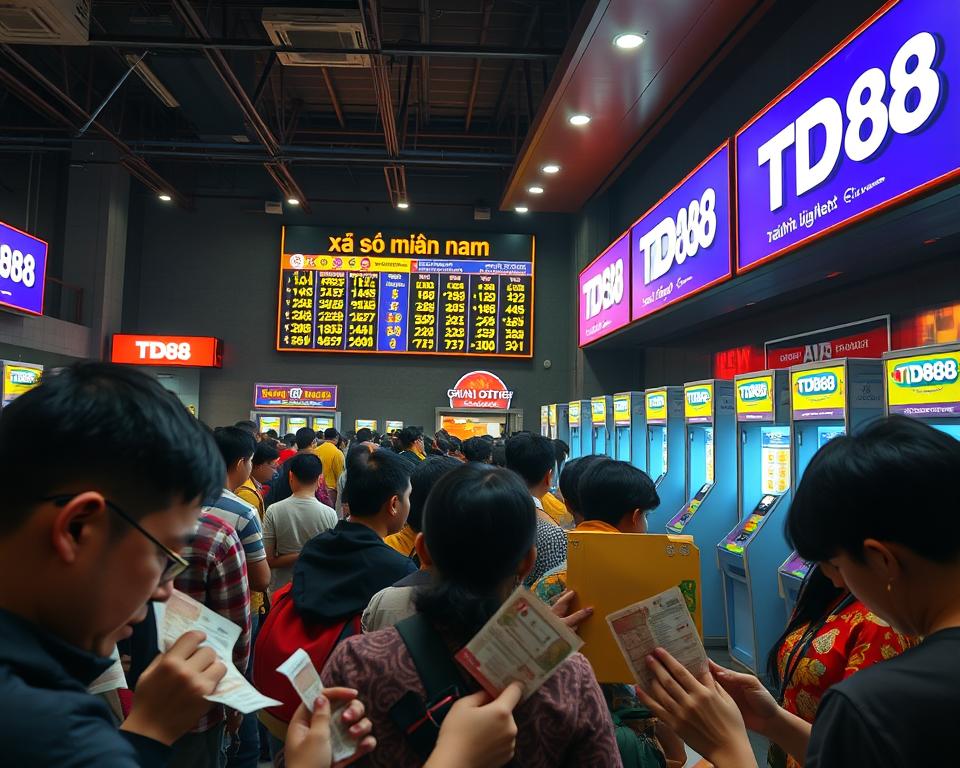 A busy Vietnamese lottery hall at night, illuminated by warm lighting and filled with anticipation. In the foreground, a group of players eagerly check their tickets, hands gripping the edges as they await the results. In the middle ground, a large digital display board showcases the winning numbers for the "xổ số miền nam" (Southern Vietnam lottery) draw, casting a soft glow across the room. In the background, rows of terminals and ticket booths stand ready for the next round of players, the iconic TD88 brand prominently displayed. The atmosphere is one of excitement and community, as players from all walks of life come together in the hopes of striking it rich.