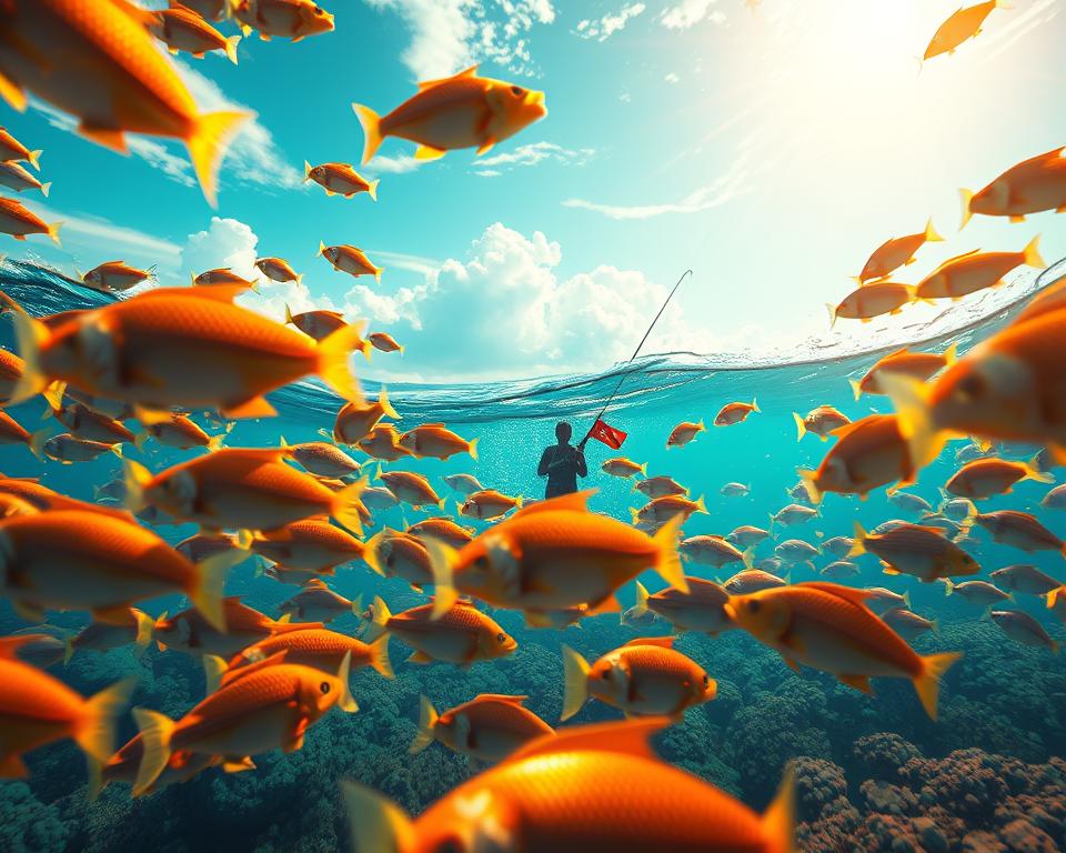 A captivating 3D fishing game scene, showcasing the cutting-edge graphics technology of TD88. In the foreground, a vibrant underwater world teeming with schools of colorful fish, their scales glistening under the warm, diffused lighting. The middle ground features a player's avatar, expertly wielding a fishing rod, poised to reel in the next big catch. In the background, a stunning seascape unfolds, with sunlight filtering through the crystal-clear waters, creating a sense of depth and immersion. The scene is imbued with a sense of excitement and adventure, inviting the viewer to dive into this immersive 3D fishing experience.