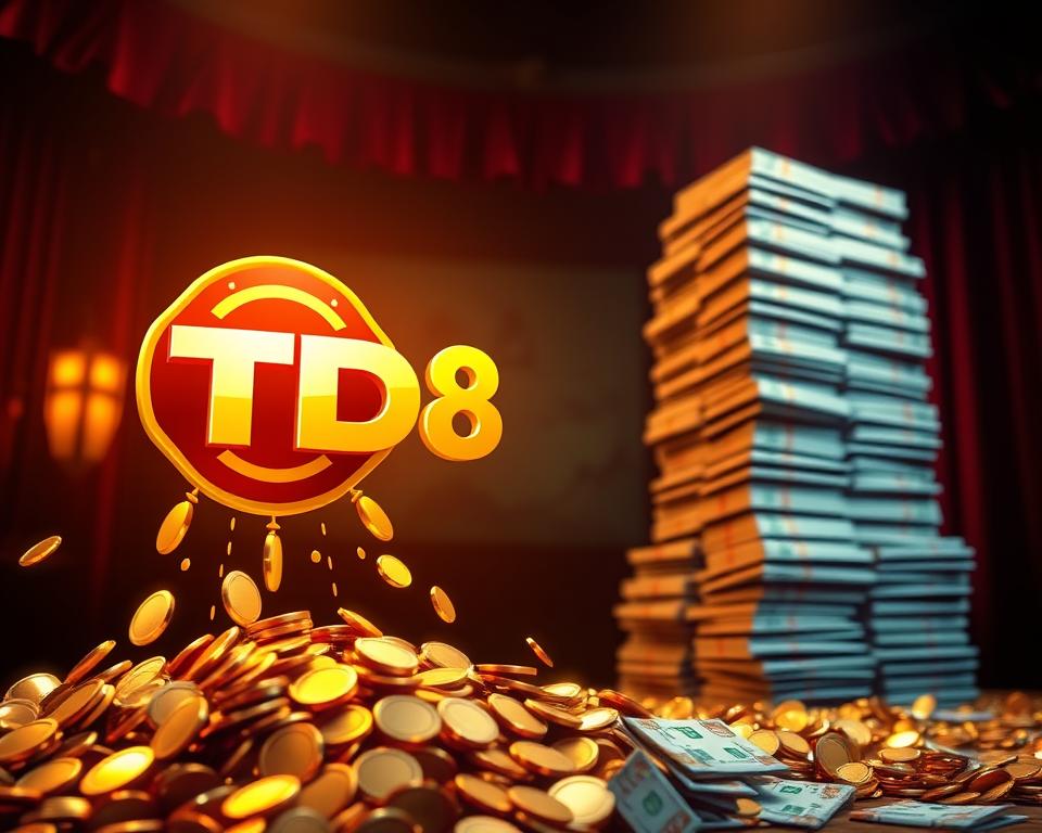 A captivating lottery illustration showcasing the alluring grand prize. A vibrant, hyperrealistic scene set against a dimly lit background, casting a warm, inviting glow. In the foreground, a gleaming TD88 logo hovers over a cascade of golden coins and crisp bank notes, symbolizing the immense wealth and prosperity within reach. The middle ground features a towering stack of lottery tickets, each one a potential ticket to life-changing fortune. In the background, a sense of mystery and anticipation builds, hinting at the thrilling game of chance that lies ahead. Dramatic lighting and a cinematic angle heighten the sense of drama and excitement, inviting the viewer to envision themselves as the next big winner.