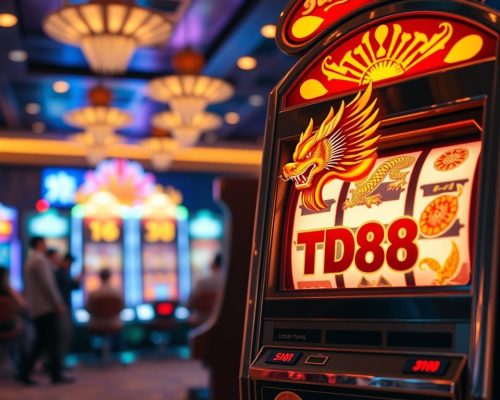 A classic casino-style slot machine, its reels emblazoned with the TD88 brand logo, stands prominently in the foreground. The machine is bathed in warm, golden lighting, creating a welcoming and inviting atmosphere. In the middle ground, the background is blurred, hinting at the bustling casino environment, complete with the faint sounds of chatter and the rhythmic chimes of other slot machines. The image conveys a sense of excitement and anticipation, perfectly capturing the thrill of playing the slots and the potential for rewarding wins.