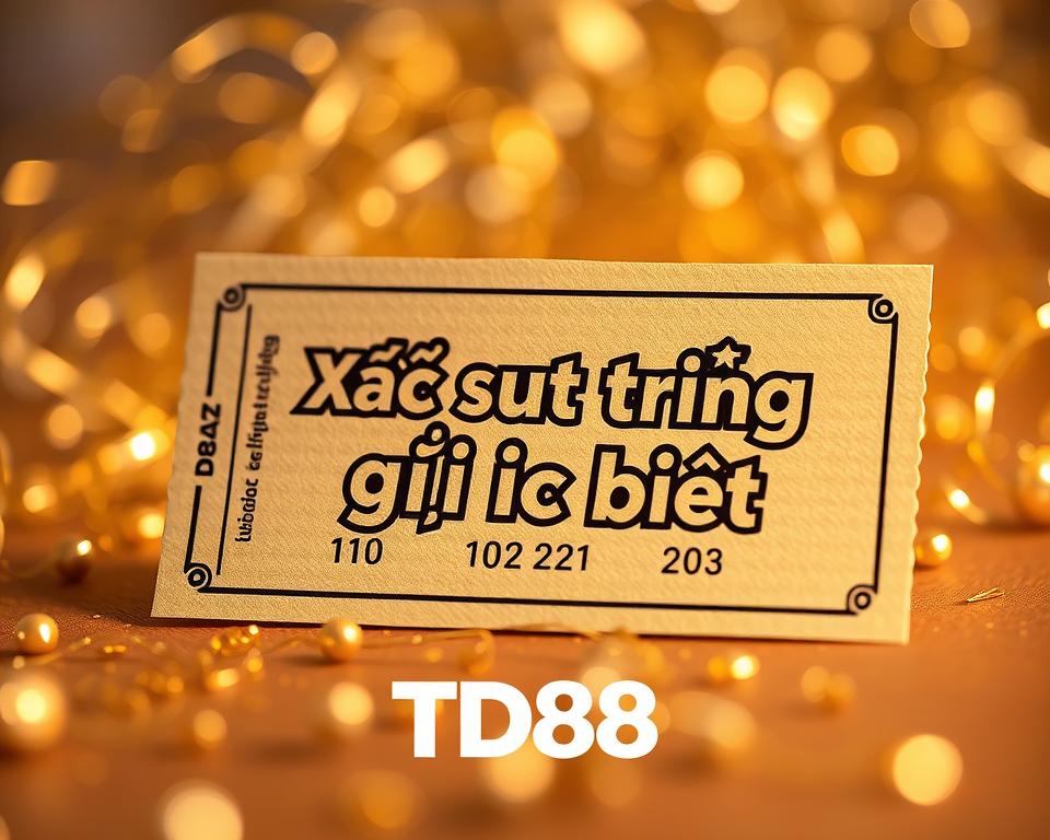 A close-up shot of a lottery ticket with the words "Xác suất trúng giải đặc biệt" prominently displayed in a classic lottery-inspired font. The ticket is set against a background of swirling, glittering gold and silver shapes, creating a sense of excitement and anticipation. The lighting is soft and warm, casting a gentle glow on the ticket. In the foreground, the TD88 logo is subtly incorporated, adding a touch of branding to the scene. The overall mood is one of hope, possibility, and the thrill of potential riches.