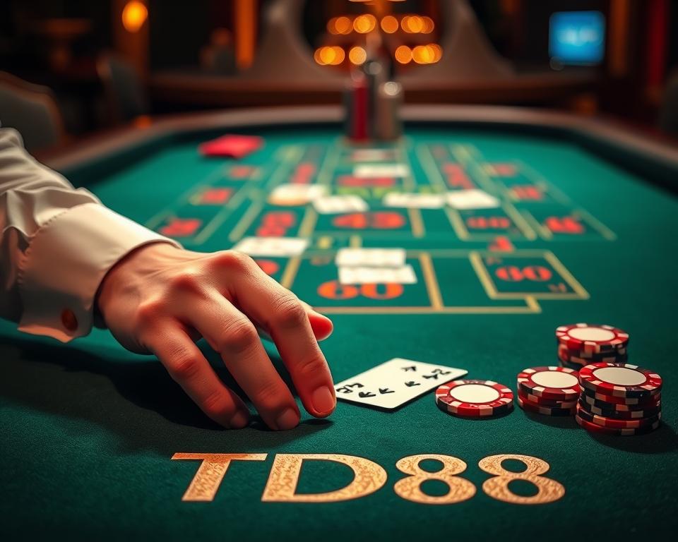 A close-up shot of a person's hands expertly handling casino chips and cards on a green felt baccarat table, bathed in warm, dramatic lighting. The table is adorned with the TD88 logo, conveying the high-stakes, professional nature of the game. The scene exudes a sense of strategic focus, with a sophisticated, luxurious ambiance that evokes the thrilling atmosphere of a premier baccarat hall.