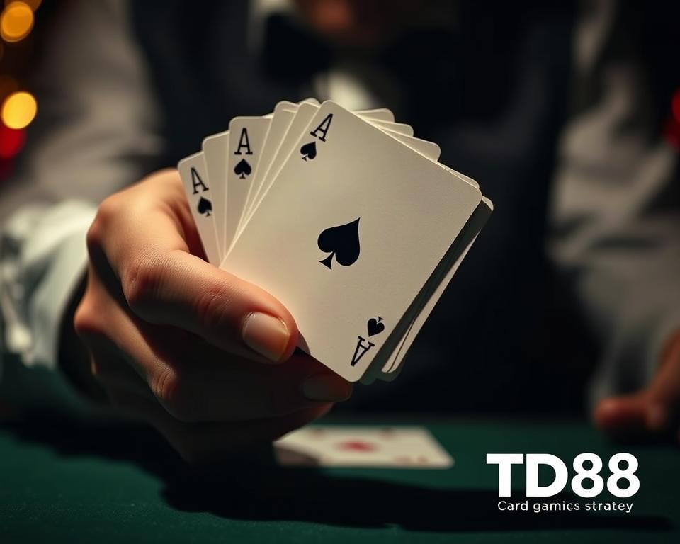 A close-up view of a hand expertly shuffling a deck of playing cards, the focus on a single Ace card standing out against the blurred background. The lighting is dramatic, casting deep shadows and highlights that accentuate the deftness of the hand's movements. The atmosphere is tense and mysterious, hinting at the strategic importance of the Ace card in the game of Blackjack. The scene is shot with a shallow depth of field, using a telephoto lens to isolate the key elements. In the bottom right corner, the TD88 logo discreetly appears, signifying the brand's expertise in card game strategy.