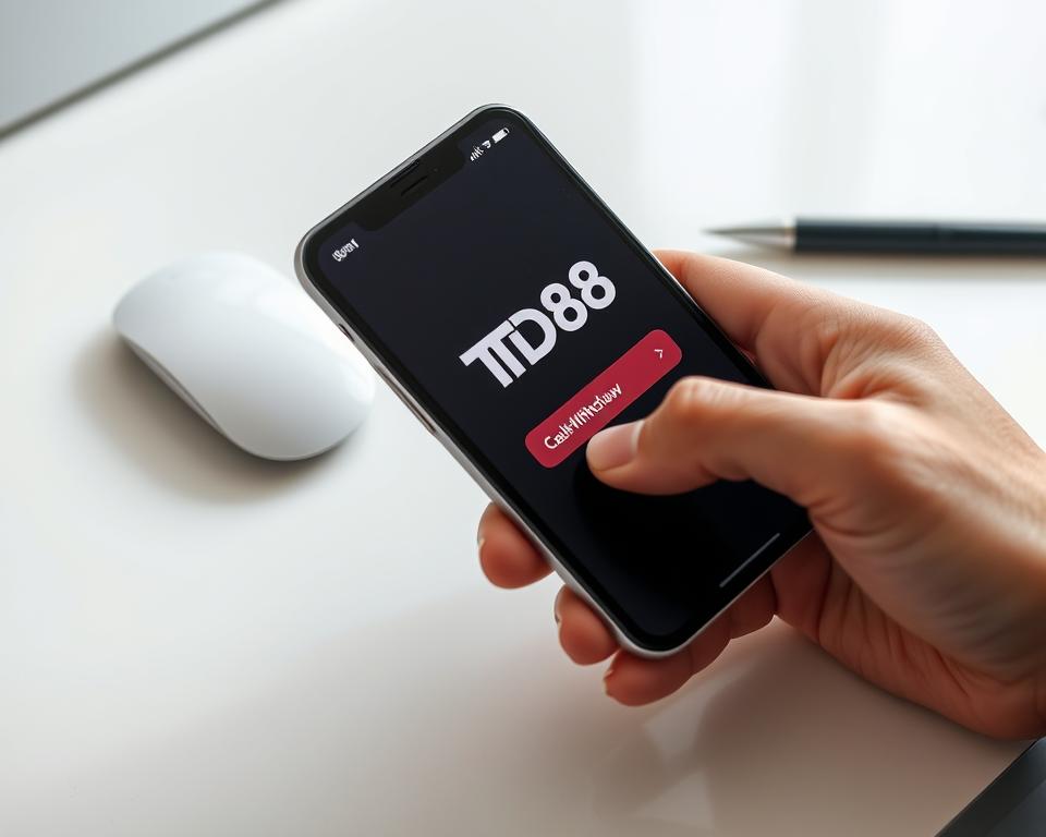 A close-up view of a hand holding a smartphone, the screen displaying the TD88 logo and a digital wallet interface with clear options for "Cash Out" and "Withdraw". The smartphone is placed on a clean, minimalist desk surface, with a sleek, modern aesthetic. Soft, diffused lighting illuminates the scene, creating a sense of professionalism and efficiency. The overall composition conveys the ease and simplicity of the withdrawal process, inviting the viewer to imagine themselves seamlessly cashing out their winnings from the nổ hũ game.