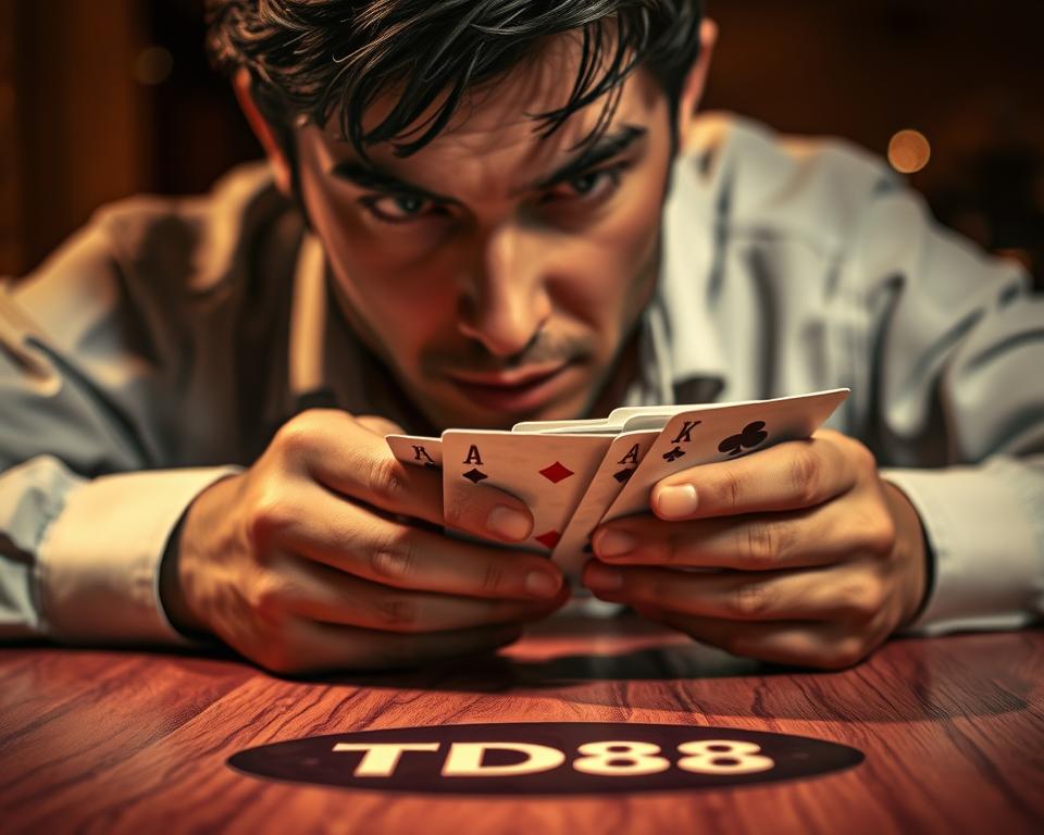A close-up view of a person intently studying a hand of playing cards, their face filled with a thoughtful, analytical expression. The lighting is warm and focused, casting dramatic shadows that highlight the player's intense concentration. The background is blurred, drawing the viewer's attention to the subject's body language and facial cues. The table surface is made of fine-grained wood, with the TD88 logo prominently displayed, signifying a high-quality gaming experience. The overall atmosphere conveys a sense of strategic decision-making and keen observation, reflecting the article's focus on analyzing one's opponents in a card game.