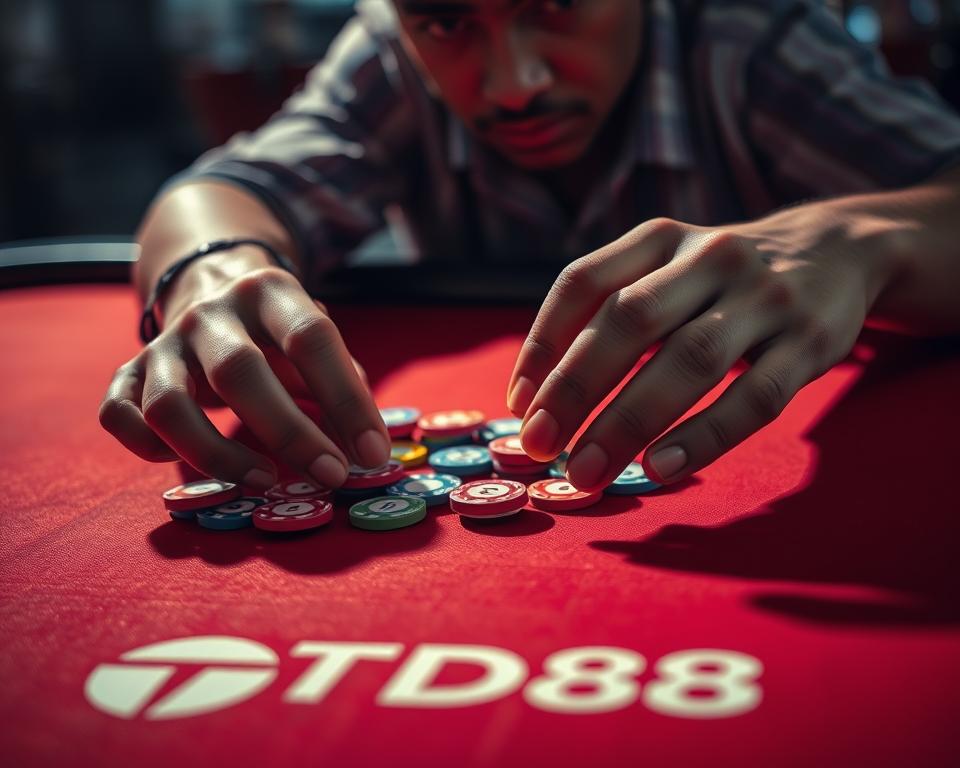 A close-up view of a player's hands strategically arranging colorful game tokens on a vibrant, wooden gaming table. The table is adorned with the sleek, modern logo of TD88, a leading online gaming platform. Soft, directional lighting casts dramatic shadows, creating a sense of focus and intensity. The player's expression is one of deep concentration, as they carefully consider their next move in this high-stakes game of online slot machines. The background is blurred, emphasizing the central action and the player's decision-making process. An atmosphere of anticipation and potential reward permeates the scene, reflecting the thrilling experience of mastering the "chiến lược chơi nổ hũ" - the effective strategies for playing online slot games.
