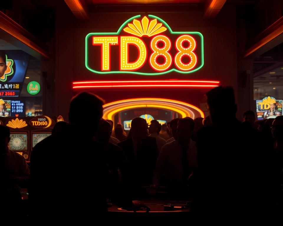 A crowded casino floor, dimly lit with an air of unease. In the foreground, a group of shadowy figures engaged in shady dealings, their features obscured. Behind them, the garish neon sign of "TD88" flickers, a symbol of the deception that pervades this space. In the background, security guards watch on, their expressions unreadable, as the games of chance unfold. The scene exudes a sense of unease, a cautionary tale of the risks of trusting unscrupulous operators. The image should convey the essence of the typical fraud cases that have plagued the Vietnamese casino industry.