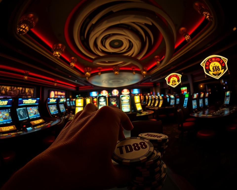A dark and foreboding casino interior, with shadows casting sinister patterns across the lavish decor. In the foreground, a hand reaching towards a stack of casino chips emblazoned with the TD88 logo, hinting at the perils of online gambling scams. The middle ground features a series of flashing screens and blinking lights, creating a sense of overwhelming temptation and distraction. In the background, a swirling vortex of doubt and uncertainty, suggesting the hidden dangers that lurk beneath the surface of the alluring casino experience. Dramatic chiaroscuro lighting, a fisheye lens distortion, and a deep, moody color palette combine to evoke a sense of unease and trepidation, underscoring the cautionary message of the image.