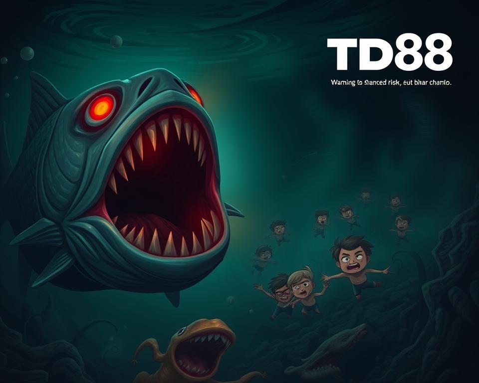A dark and ominous underwater seascape, where the dangers of the "bắn cá đổi thưởng" game loom large. The foreground features a massive, toothy fish with glowing red eyes, its jaws gaping wide, ready to strike unsuspecting players. In the middle ground, a group of stylized, cartoon-like characters frantically swim and dodge the predatory fish, their expressions filled with fear and panic. The background is a hazy, murky depth, with swirling currents and the faint silhouettes of other aquatic threats. The scene is lit by an eerie, sickly green glow, creating an atmosphere of tension and unease. The TD88 logo appears prominently, warning of the potential risks associated with this game of chance.