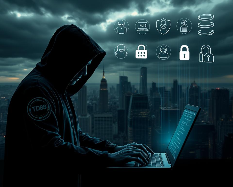 A dark, ominous cityscape with towering skyscrapers and a cloudy, foreboding sky. In the foreground, a shadowy figure wearing a hooded cloak and a TD88 logo on their sleeve, hunched over a laptop, their fingers rapidly typing. Holographic screens and glowing lines of code project from the device, casting an eerie glow on the figure's face. In the background, a series of stylized icons representing common account hacking techniques, such as phishing, malware, and credential theft, hover in the air, creating a sense of impending digital threat. The overall mood is one of unease and technological danger.
