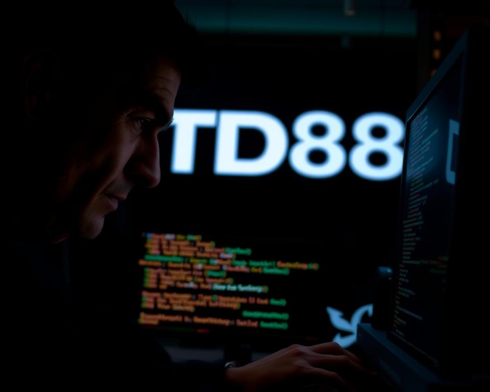 A dark, shadowy figure peers intently at a computer screen, brows furrowed in concentration. Glowing lines of code dance across the display, hinting at the vulnerabilities within. In the background, the TD88 logo looms ominously, a symbol of the casino's digital defenses being probed and tested. Dramatic lighting casts deep shadows, creating a tense, foreboding atmosphere. The scene conveys the discovery of a software vulnerability, a critical moment in the ongoing battle against online casino fraud.