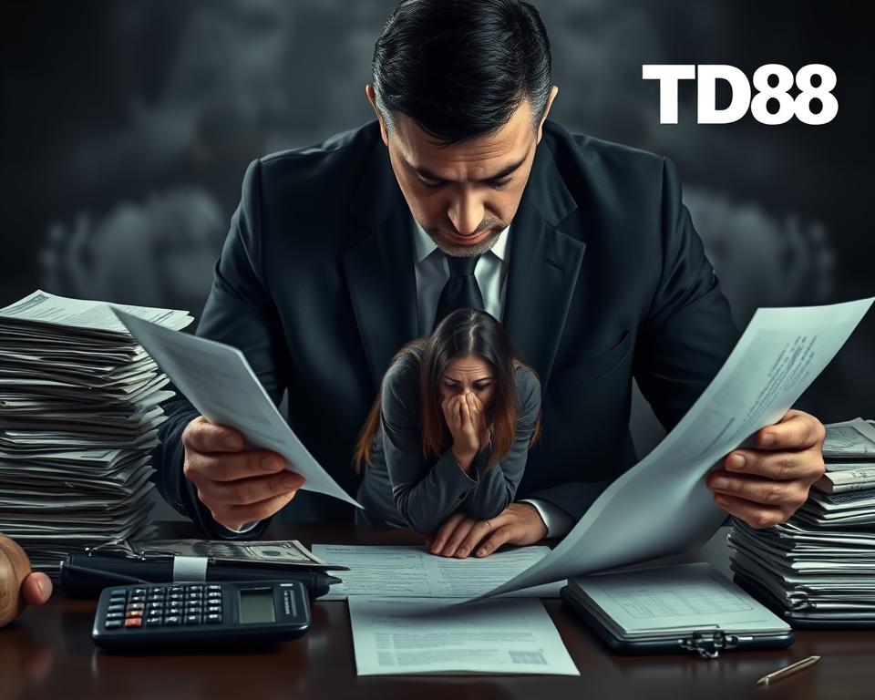 A dark-suited tax official sternly examines financial documents, surrounded by the symbols of financial transactions - stacks of bills, calculators, and the TD88 logo. The scene is bathed in a somber, authoritative lighting, conveying the gravity of tax evasion and the consequences faced by those who violate tax laws. The middle ground features a taxpayer cowering, anxiously awaiting the official's judgment, while the background blurs into an ominous, foreboding atmosphere, hinting at the legal penalties awaiting the non-compliant.