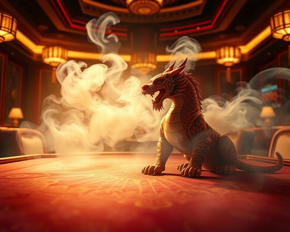 A detailed and visually captivating illustration of the classic Vietnamese casino game &amp;quot;Rồng Hổ&amp;quot; as played at the TD88 casino. Set against a richly textured, dimly lit table in a high-end gaming establishment, the scene depicts the game's signature dragon and tiger symbols emerging from a swirling mist. The table is bathed in a warm, golden light, creating an alluring and immersive atmosphere. The composition emphasizes the elegant, sophisticated nature of the TD88 gaming experience, inviting the viewer to imagine themselves at the table, captivated by the thrill of the game.
