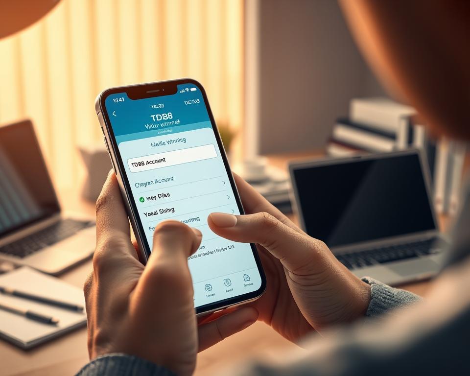 A detailed, realistic depiction of the process of withdrawing winnings from a mobile fishing game. The scene shows a person's hands interacting with a smartphone, navigating through various interfaces to access their account and initiate a withdrawal. The background features a minimalist office setting with a desk, laptop, and other office supplies, conveying a sense of a professional, organized environment. The lighting is warm and natural, creating a calm, focused atmosphere. The overall composition highlights the step-by-step workflow, emphasizing the efficiency and simplicity of the withdrawal process. The brand "TD88" is prominently displayed on the smartphone screen.