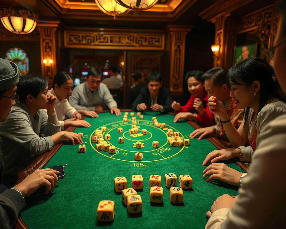 A detailed scene of a traditional Vietnamese Sic Bo (Tài Xỉu) game table, set up in a cozy, dimly lit casino atmosphere. The table is illuminated by warm, ambient lighting, casting a soft glow on the green felt surface and the array of carved ivory dice. Players eagerly gather around, their faces animated with anticipation as they strategize their bets. In the background, the ornate, gilded decor of the TD88 casino creates an air of sophistication and excitement. The scene conveys the allure of this timeless game of chance, where the promise of thrilling wins and the thrill of the unknown draw players to the TD88 gaming experience.