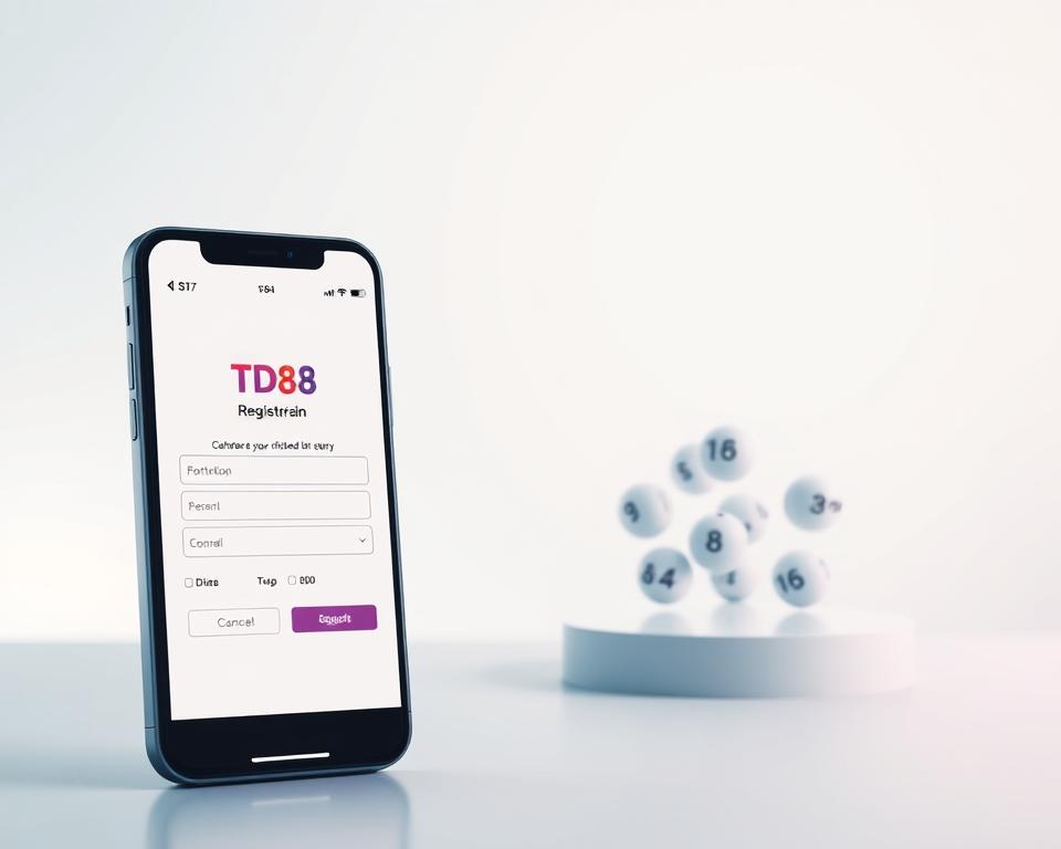 A detailed, step-by-step guide for registering and participating in online lottery TD88. A serene, minimalist interface with clean lines and a modern aesthetic. Prominently featured is the TD88 logo, conveying trust and reliability. The foreground depicts a smartphone displaying the registration form, with intuitive fields for personal information. The middle ground showcases the lottery draw process, with animated graphics of spinning numbered balls. The background features a subtle gradient in soothing tones, creating a calming and inviting atmosphere. Soft, diffused lighting illuminates the scene, highlighting the key elements. An overall sense of simplicity and accessibility, guiding the user through the online lottery experience with ease.
