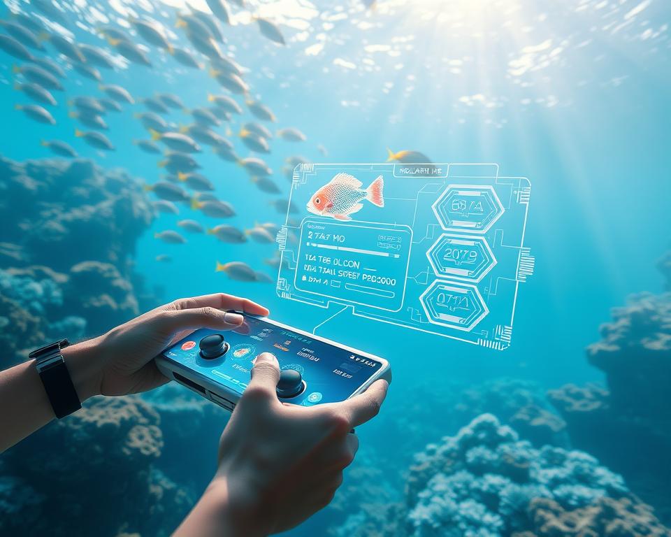 A detailed tutorial on playing blockchain-based arcade game "TD88 Bắn Cá". A vibrant underwater scene with a school of tropical fish, coral reefs, and sunbeams filtering through the water. In the foreground, a player's hands hold a futuristic game controller, their avatar a shimmering animated fish on a holographic display. The middle ground features a stylized blockchain transaction interface, with glowing data streams and geometric UI elements. In the background, a serene underwater landscape with a sense of mystery and exploration. Soft, diffused lighting creates a dreamlike atmosphere. Cinematic camera angle, wide depth of field. Showcase the elegance and transparency of the blockchain game mechanics.