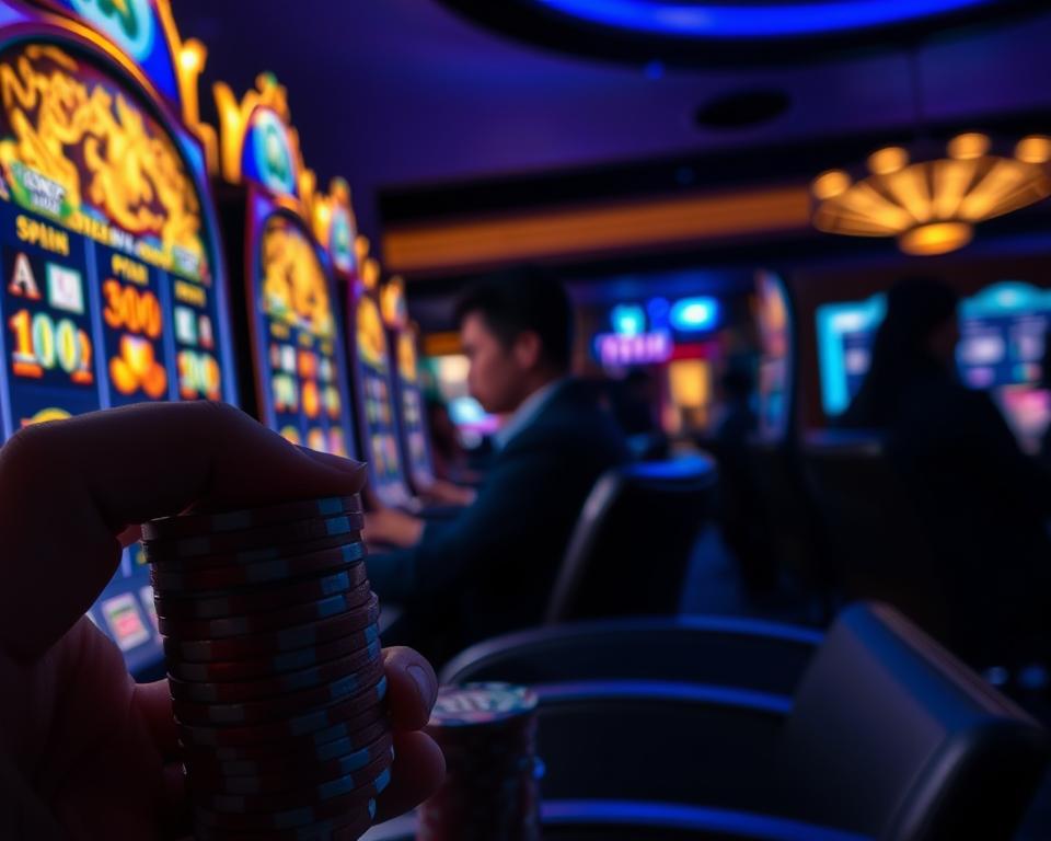 A dimly lit casino interior, the glow of slot machines casting a soft hue across the scene. In the foreground, a hand carefully stacks a pile of TD88 casino chips, conveying a sense of strategic capital management. The middle ground features a player intently focused on the reels, brow furrowed in concentration. In the background, the silhouettes of other gamblers can be seen, creating an atmosphere of hushed intensity. The lighting is dramatic, with shadows and highlights accentuating the tension and decision-making process. The camera angle is slightly low, giving the viewer a sense of being immersed in the experience. Overall, the image conveys the careful and disciplined approach to bankroll management when engaging with slot machines.