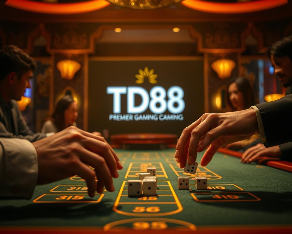 A dimly lit casino table, the felt surface illuminated by a warm, golden glow. Skillful hands expertly roll the Sic Bo (Tài Xỉu) dice, the cubes tumbling across the table as players watch intently. The scene captures the essence of the game, with a focus on the strategic hand movements and the tension of the moment. In the background, the iconic TD88 logo stands as a testament to the premier gaming experience. The image conveys a sense of mastery, where the player's expertise and the game's allure come together to create a captivating, high-stakes moment.