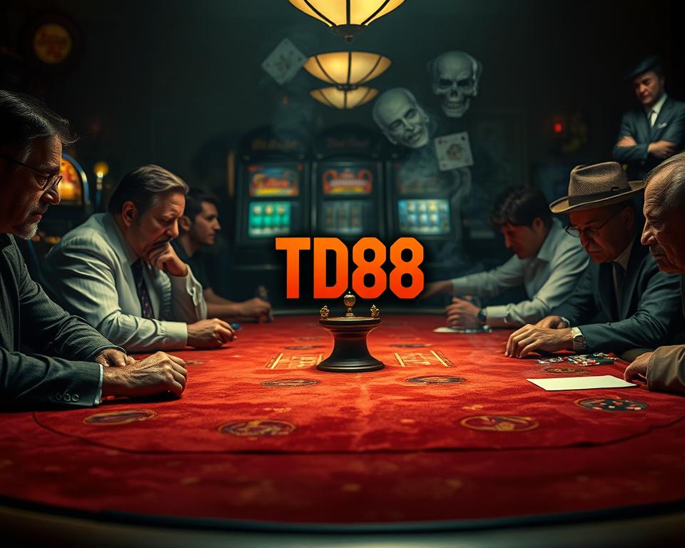 A dimly lit casino table, the felt-topped surface worn yet inviting. Players lean in, their faces a mix of concentration and anticipation, as they strategize their next move. The air is thick with the scent of tobacco and the faint hum of conversation. In the background, the flickering lights of slot machines cast an otherworldly glow. At the center of the table, the TD88 logo stands as a symbol of the game's allure, drawing in the curious and the seasoned alike. This is the psychological battlefield where the art of card play unfolds, where the mind's edge can make all the difference.