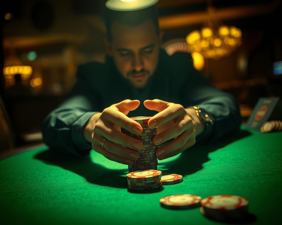 A dimly lit casino table, the green felt surface illuminated by a single spotlight. A pair of hands hesitantly places a stack of TD88 casino chips, the player's face obscured in shadow, expression torn between uncertainty and regret. The air is thick with the tension of a high-stakes gamble gone wrong, the echoes of past mistakes hanging in the air. Dramatic chiaroscuro lighting accentuates the drama, while the blurred background suggests the chaos and distractions of the casino floor. This image captures the essence of a common pitfall in blackjack - the sai lầm, or critical error, that can prove costly for the unwary player.