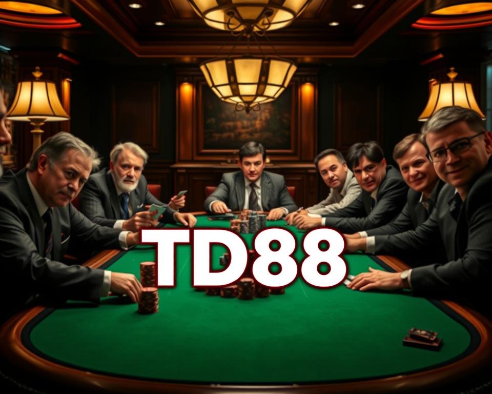 A dimly lit, luxurious casino table, adorned with green felt and polished wooden accents. A group of seasoned players sit around, their faces illuminated by the warm glow of tabletop lamps. Cards are held with confidence, chips are stacked high, and intense focus is etched on their expressions. In the foreground, the TD88 logo is prominently displayed, signifying the expertise and prestige of the players. The atmosphere exudes an air of calculated risk, strategic thinking, and the thrill of the game - the essence of mastering the art of "bí quyết chơi phỏm đỉnh cao".