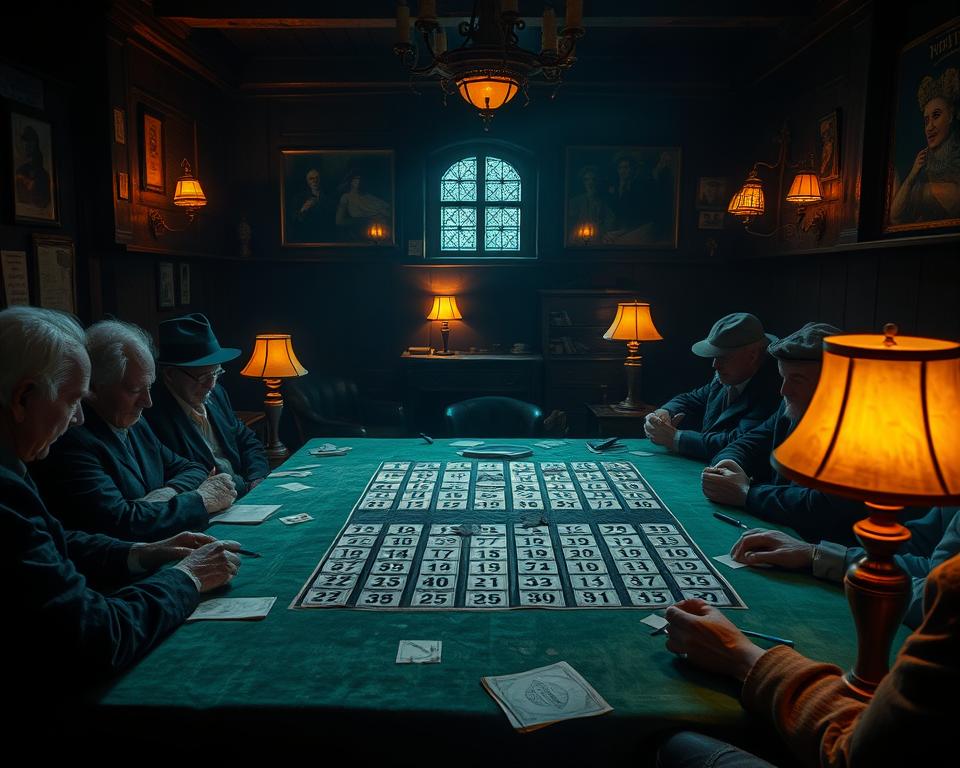 A dimly lit room, the air thick with anticipation. In the center, a table covered in a faded green cloth, worn by the hands of countless players. Meticulously placed across its surface, a grid of numbers and symbols - the keys to unlocking the secrets of the Northern Lotto. Scattered around, antique lamps cast a warm, amber glow, illuminating the faces of seasoned gamblers, each lost in their own rituals and superstitions. The room is hushed, save for the occasional murmur of whispered strategies, the rustle of paper, and the quiet click of pen on paper as the players decipher the hidden patterns, searching for that elusive winning combination.