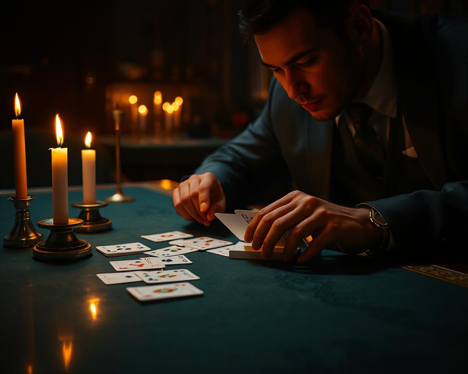 A dimly lit table, the surface glistening with the reflection of strategically placed candles. On the table, a deck of playing cards, meticulously arranged, awaits the skilled hands of a seasoned phom player. The atmosphere is one of concentration and quiet contemplation, as the player, adorned in a sophisticated TD88 attire, studies the cards, seeking the optimal combination to outmaneuver their opponents. The lighting casts a warm, intimate glow, heightening the sense of intensity and focus required in this captivating game of phom.