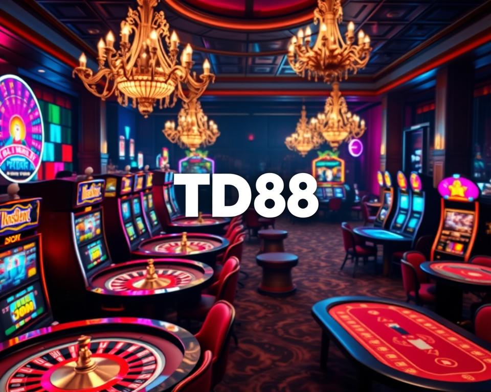 A diverse array of vibrant casino games against a backdrop of rich, luxurious surroundings. Neon-lit slot machines, roulette wheels spinning with tension, and high-stakes poker tables bathed in a warm, inviting glow. Elegant chandeliers illuminate the scene, casting a sophisticated ambiance. In the foreground, the TD88 logo stands as a symbol of the thrilling, immersive casino experience. Seamlessly blending modern technology with timeless elegance, this image captures the allure and excitement of the casino world.