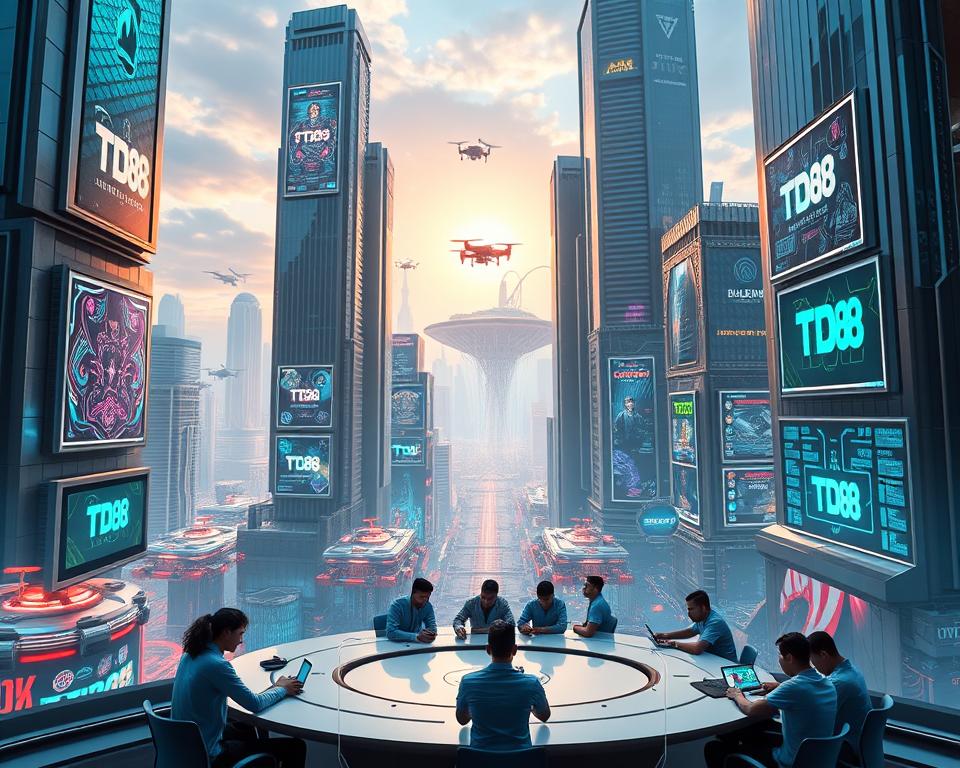 A futuristic cityscape with towering skyscrapers made of gleaming metal and glass, their facades adorned with holographic displays showcasing the latest blockchain gaming trends. In the foreground, a group of gamers gather around a sleek, minimalist table, immersed in a thrilling blockchain-powered card game, the TD88 logo prominently featured on their devices. The middle ground is filled with autonomous vehicles and drones, while the background is a blend of floating islands, cascading neon lights, and a vibrant, almost utopian atmosphere, hinting at the boundless possibilities of blockchain technology in the gaming industry.