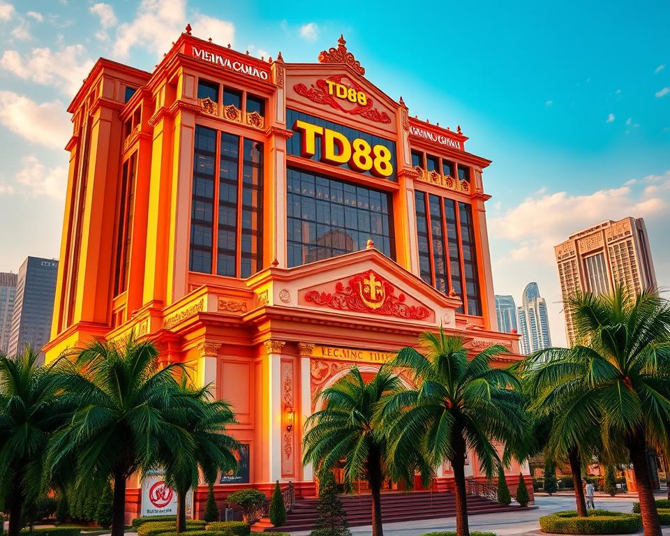 A grand, majestic casino facade with the bold "TD88" branding prominently displayed. The building stands tall, its elegant architecture reflecting the refined aesthetics of traditional Vietnamese design. Lush palm trees sway gently in the foreground, creating a serene and inviting atmosphere. The scene is bathed in warm, golden lighting, evoking a sense of welcoming and prosperity. In the background, a bustling city skyline with modern skyscrapers creates a dynamic contrast, highlighting the casino's prominent position as a trusted and reputable gaming destination.
