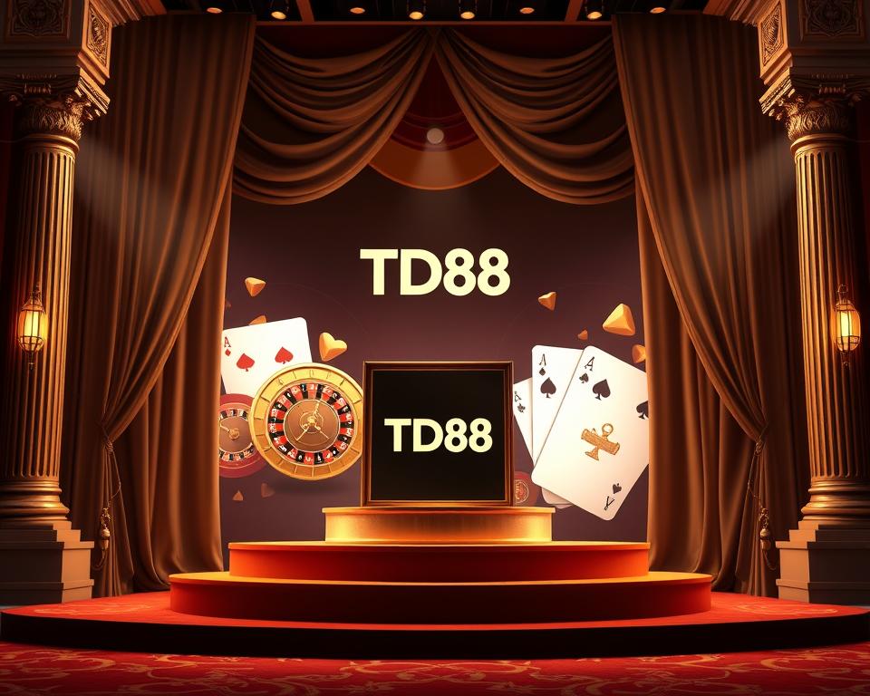 A grand, ornate stage with a central podium adorned with the TD88 brand logo. Elegant draperies and gilded columns frame the scene, creating an air of prestige and authority. Soft, warm lighting casts a glow over the platform, heightening the sense of importance. In the background, a backdrop of stylized casino elements - roulette wheels, playing cards, and gilded accents - suggest the high-stakes, glamorous world of online casino tournaments. The overall composition conveys a tone of exclusivity, professionalism, and reliable expertise in hosting premier esports competitions.