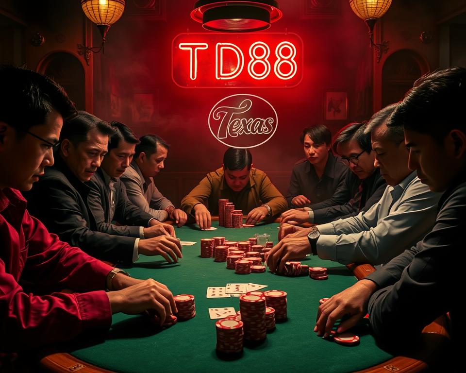 A high-stakes Texas Poker game set in a dimly lit, smoky Vietnamese casino. The table is surrounded by intense players, their faces illuminated by the green felt and the glow of a neon "TD88" sign overhead. The dealer's hands expertly shuffle the cards, while stacks of poker chips are arranged with strategic precision. Tension fills the air as the players carefully consider their next moves, their expressions a mix of concentration and calculated confidence. The scene conveys the thrill and intensity of a sophisticated poker match, where skill, nerve, and a touch of luck determine the outcome.