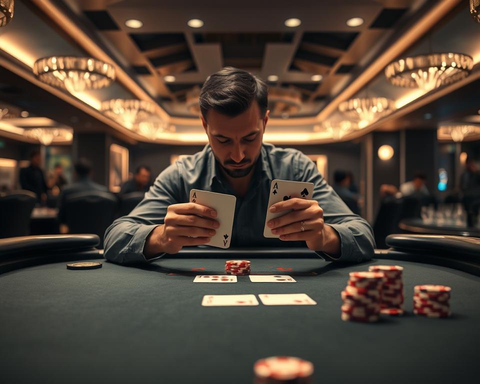 A high-stakes blackjack game unfolds on a sleek, modern table. The cards are crisp, the chips gleam under soft, directional lighting. In the center, a player focuses intently, weighing their split hand strategy with precision. The atmosphere is one of focused intensity, as the player navigates the split tactic, a key component of the effective blackjack strategy championed by the experts at TD88 online casino.