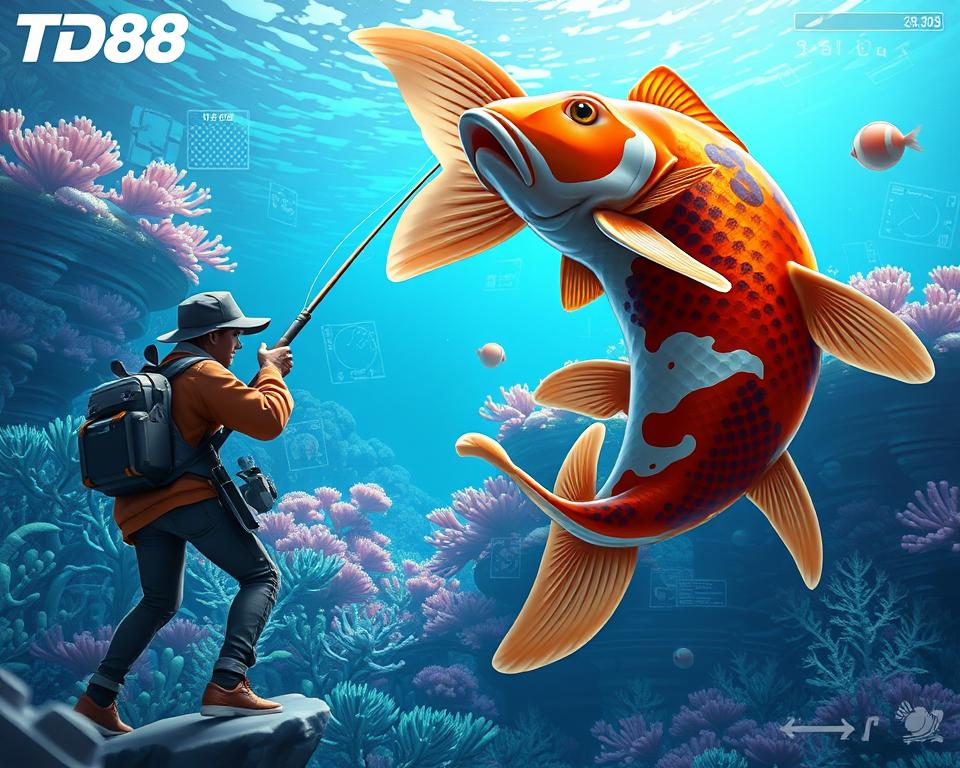 A hyper-realistic 3D illustration of a thrilling gameplay scene from the popular fishing game "TD88". The foreground showcases a skilled player wielding a high-tech fishing rod, expertly maneuvering it to lure in a massive, vibrant koi fish. The middle ground features a visually stunning underwater environment, with lush aquatic vegetation, intricate coral formations, and a sense of depth and scale. The background subtly hints at the game's futuristic setting, with holographic displays, sleek interfaces, and a sense of technological advancement. The overall atmosphere is one of excitement, immersion, and the thrill of the hunt, perfectly capturing the essence of an effective "chiến thuật chơi game bắn cá" strategy.