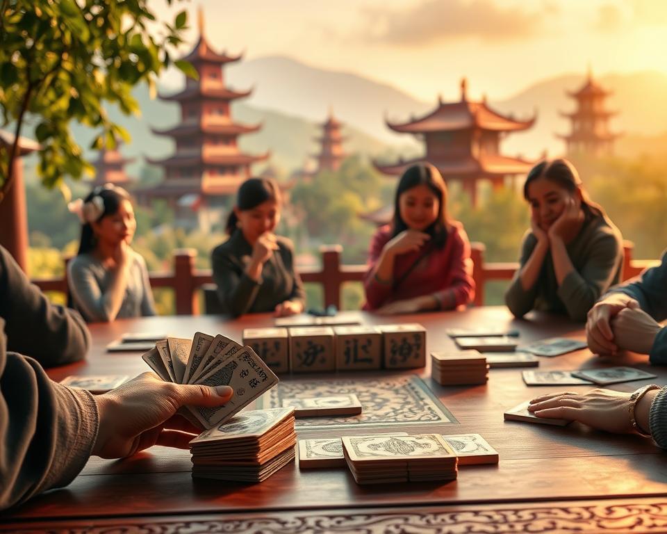 A lively game of Tiến Lên Miền Nam unfolds on a traditional Vietnamese playing surface, the cards and tiles meticulously rendered with a classic aesthetic. The foreground features the game's essential components - the deck, a set of ornate tiles, and the players' hands, conveying the tactile experience. The middle ground showcases the gameplay itself, with figures gesturing and interacting, their expressions animated and engaged. In the background, a serene Vietnamese landscape sets the stage, with pagodas, lush greenery, and a warm, golden light enveloping the scene. The overall atmosphere is one of cultural heritage, strategic depth, and casual enjoyment. Rendered in the distinctive style of TD88.