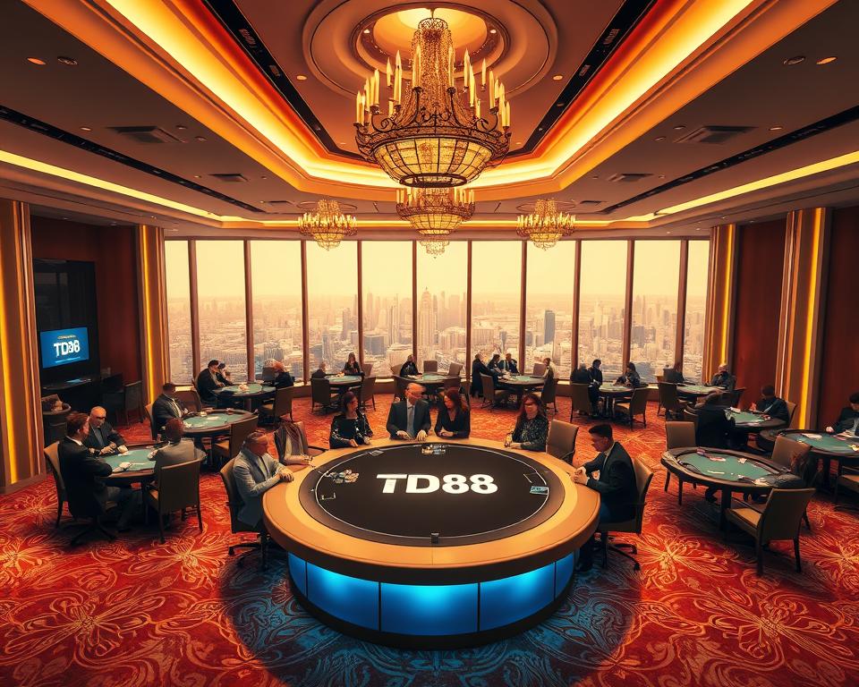 A luxurious casino interior with a sleek, modern design, featuring high ceilings, plush carpeting, and elegant chandeliers. In the center, a circular table with the "TD88" logo prominently displayed, surrounded by patrons dressed in formal attire, engrossed in a high-stakes poker game. The atmosphere is charged with excitement and anticipation, with a soft, warm lighting creating a sense of exclusivity and sophistication. In the background, a panoramic view of a bustling city skyline can be seen through floor-to-ceiling windows, adding to the opulent ambiance.