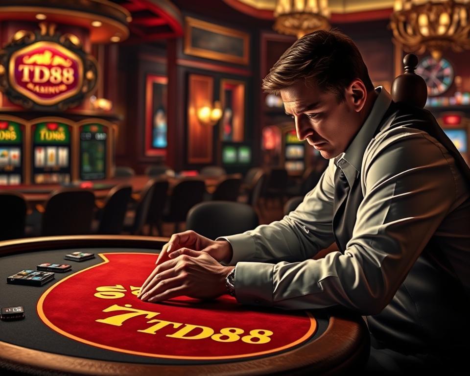 A masterful slot player sitting at a stylized casino table, intense focus on their face as they strategize their next move. The table is adorned with the TD88 logo, surrounded by a lush, opulent environment filled with the elegant trappings of high-stakes gambling. Soft, dramatic lighting casts dramatic shadows, heightening the tension and sense of expertise. The player's hands hover confidently over the slot controls, hinting at the secrets and techniques they've mastered to conquer the game.