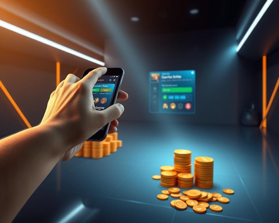 A modern, stylish game scene showcasing the conditions for successful TD88 game cash withdrawals. In the foreground, a hand reaches towards a smartphone displaying a mobile banking app interface. The middle ground features stacks of gold coins and gaming-themed icons, conveying the excitement and potential rewards of the game. In the background, a minimalist, futuristic-inspired setting with geometric patterns and subtle lighting creates an immersive, high-tech ambiance. The overall composition and color palette evoke a sense of financial security, technological integration, and the thrill of gaming success.