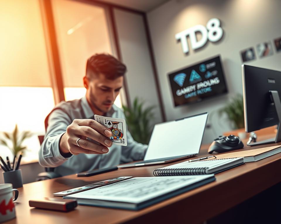 A modern, stylized office scene showcasing the inner workings of a reputable TD88 game card dealer. In the foreground, a focused dealer carefully shuffles a deck of cards, their skilled hands moving with precision. The middle ground features a sleek, minimalist desk setup with a laptop, ledger, and various gaming accessories, hinting at the dealer's meticulous record-keeping and management processes. The background depicts a softly lit, technology-driven environment, with clean lines and subtle brand elements that convey the professionalism and reliability of the TD88 gaming ecosystem. The overall atmosphere exudes a sense of order, efficiency, and trustworthiness, reflecting the core values of the gaming dealership.