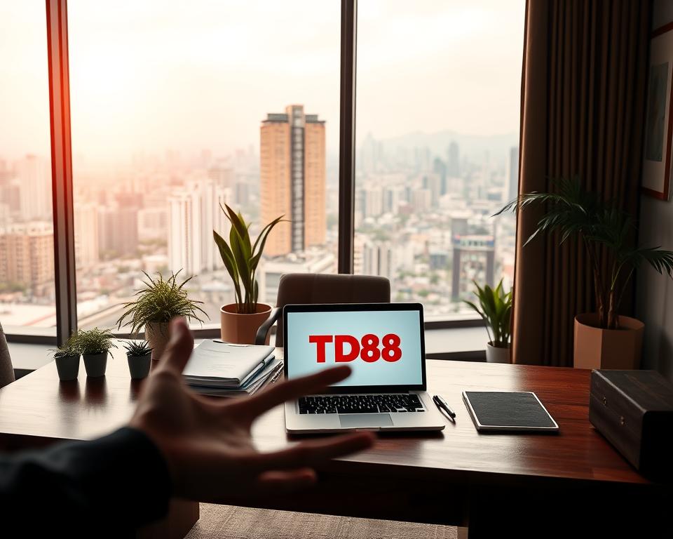 A neatly organized office setting with a wooden desk, potted plants, and a large window overlooking a bustling city skyline. On the desk sits a stack of official-looking documents and a laptop displaying the TD88 logo. The lighting is soft and warm, creating a professional yet inviting atmosphere. In the foreground, a subtle silhouette of a person gestures towards the laptop, emphasizing the legal and regulatory aspects of casino operations in Vietnam.