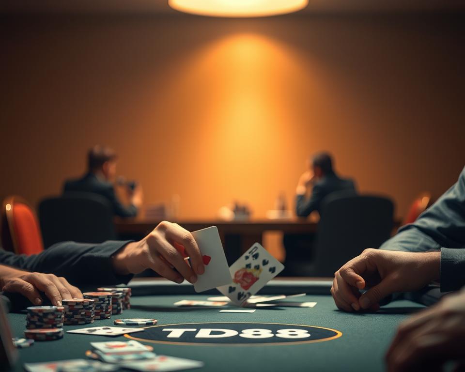 A professional poker player sits at a table, deep in concentration, surrounded by cards, chips, and a subtle ambiance of focus. The scene is bathed in warm, mellow lighting, creating a sense of intensity and strategic contemplation. In the foreground, the player's hands deftly manipulate the cards, showcasing the tactile, experienced nature of their gameplay. In the middle ground, the table is adorned with the TD88 logo, indicating a high-stakes, professional setting. The background fades into a slightly blurred, minimalistic environment, allowing the viewer to focus on the player's mastery of the game.