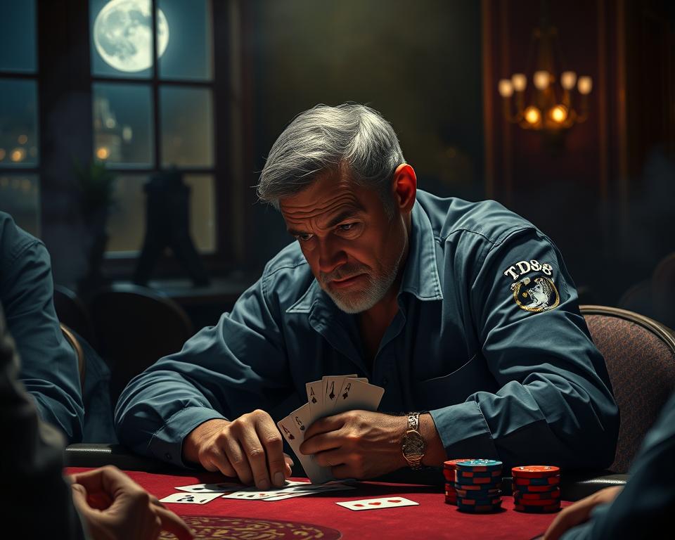 A seasoned poker player sits at a table, deep in contemplation. The dimly lit, smoky casino atmosphere sets the mood as they meticulously study their cards and the subtle tells of their opponents. Moonlight filters through the windows, casting a soft, mysterious glow on the scene. The player's brow furrows in concentration, TD88 logo emblazoned on their sleeve, as they skillfully assess the strengths and weaknesses of their rivals, ready to outmaneuver them with strategic precision. The tension is palpable, the stakes high, as the player prepares to make the next critical move in this high-stakes game of poker.