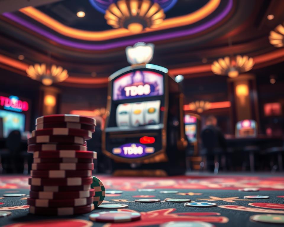 A serene casino-themed landscape with a striking focus on the key factors influencing slot machine payouts. In the foreground, a stack of casino chips in various denominations, representing the financial stakes involved. In the middle ground, a slot machine in the iconic one-armed bandit style, its reels frozen mid-spin, symbolizing the unpredictable nature of slot game outcomes. In the background, a dimly lit casino interior with subdued lighting and subtle textures, creating an air of mystery and anticipation. The brand name "TD88" is prominently displayed on the slot machine, adding a touch of authenticity. The overall atmosphere conveys the complex interplay of luck, mathematics, and psychology that shape the thrilling experience of slot gameplay.