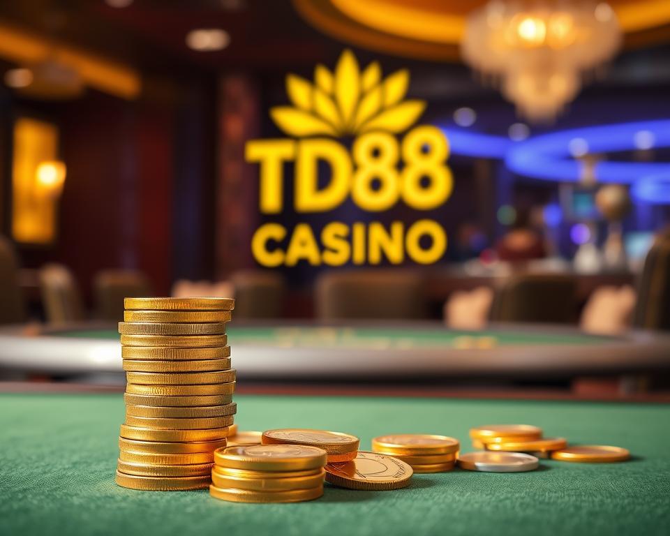 A serene casino-themed scene, bathed in warm lighting. In the foreground, a stack of shiny golden coins - the hard-earned winnings from a successful gambling venture. The middle ground showcases a sleek, modern table with elegant green felt, inviting players to try their luck. In the background, a lush, stylized representation of the TD88 casino logo, symbolizing the trusted brand behind this rewarding experience. The overall atmosphere exudes a sense of sophistication and strategic financial planning, conveying the effective use of casino bonuses and rewards.