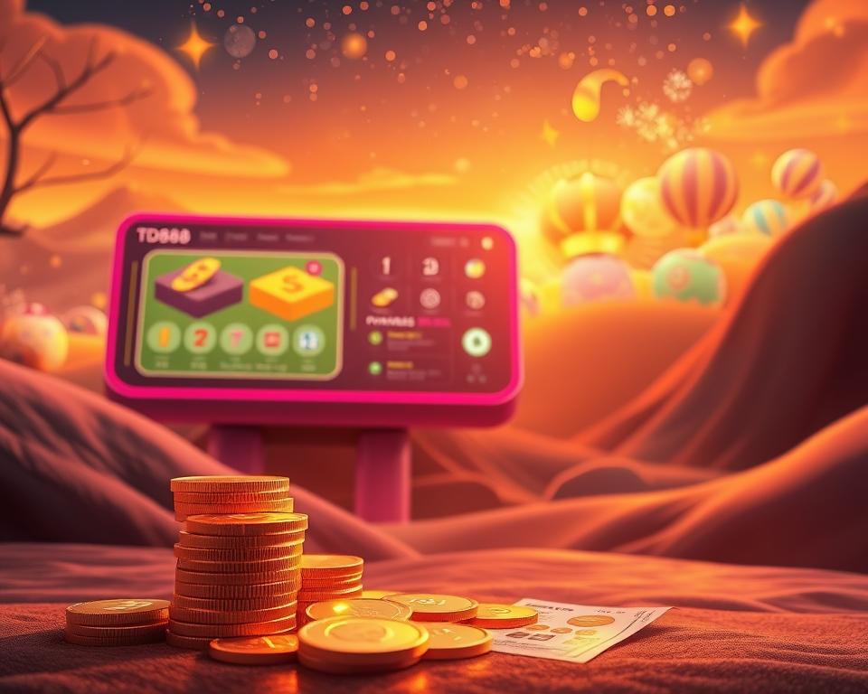 A serene digital landscape showcases the alluring benefits of online lottery, TD88. In the foreground, a stack of gold coins and lottery tickets glow softly under warm, inviting lighting. The middle ground features a stylized interface with intuitive controls, enticing users to explore the convenient, secure platform. In the background, a vibrant array of prizes and rewards shimmer, hinting at the excitement and potential winnings. The overall scene conveys a sense of opportunity, accessibility, and the rewarding experience of playing the lottery online with TD88.