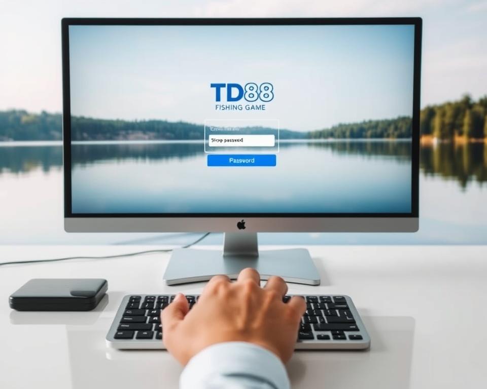 A serene digital workspace with a sleek monitor displaying the login screen for the TD88 online fishing game. In the foreground, a hand types a strong, secure password on a minimalist keyboard, the screen reflecting the user's focused expression. The background features a tranquil lakeside scene, with calming blues and greens, hinting at the game's aquatic theme. Soft, diffused lighting creates a sense of professionalism and care, emphasizing the importance of account security. The overall composition conveys the message of creating a robust password to protect one's TD88 fishing game account.