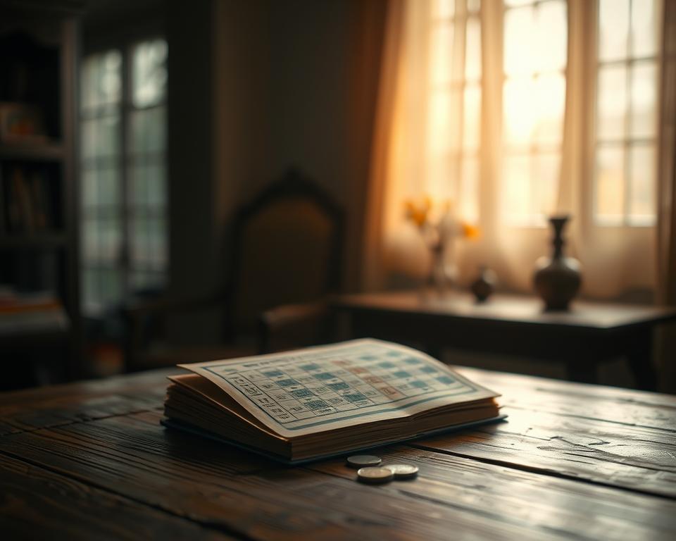 A serene, dimly lit room with a wooden table in the foreground, upon which sits an old-fashioned lottery book and a few scattered coins. The background is blurred, hinting at a sense of contemplation and focus. The lighting is soft and warm, creating a cozy, intimate atmosphere. The overall composition suggests the thoughtful, introspective nature of the &quot;Những lưu ý khi chơi lô đề miền Bắc&quot; section, inviting the viewer to consider the careful strategy and caution required when engaging in this form of gambling.