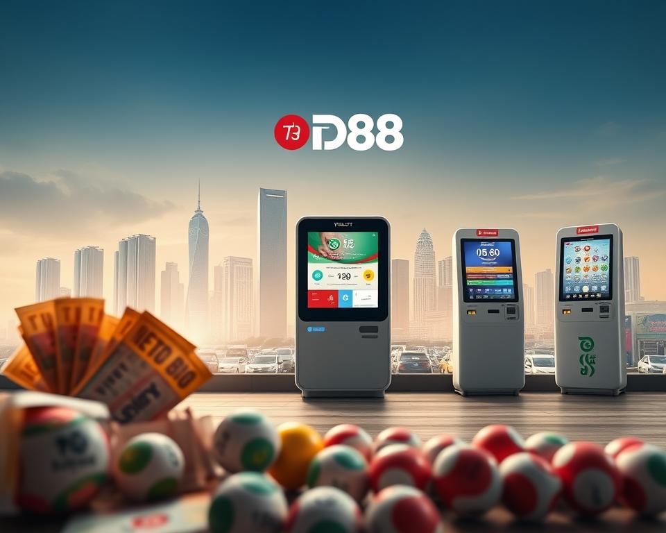 A serene landscape showcasing the diverse lottery offerings in Vietnam. In the foreground, traditional lottery tickets and balls are displayed with care, their vibrant colors and intricate designs reflecting the cultural heritage. In the middle ground, the modern Vietlott kiosks stand tall, their digital displays and sleek interfaces representing the evolution of the industry. In the background, a striking cityscape with towering skyscrapers and bustling streets sets the scene, hinting at the growing urban landscape and the integration of technology into everyday life. The lighting is soft and natural, creating a sense of balance and harmony between the old and the new. The overall atmosphere conveys the story of Vietnam's lottery landscape, from its traditional roots to its technological advancements, with the brand "TD88" prominently featured.