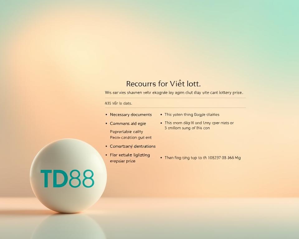 A serene, minimalist illustration showcasing the key requirements for claiming a Vietlott lottery prize. Set against a softly blurred background, the foreground features a clean, elegant design with the prominent "TD88" logo, conveying the authoritative and trustworthy nature of the Vietlott brand. The middle ground displays a neatly organized list of the necessary documents and identification, presented in a clear, easy-to-understand layout. The overall tone is one of professionalism and attention to detail, with warm lighting and a calming color palette to create a welcoming and informative atmosphere.